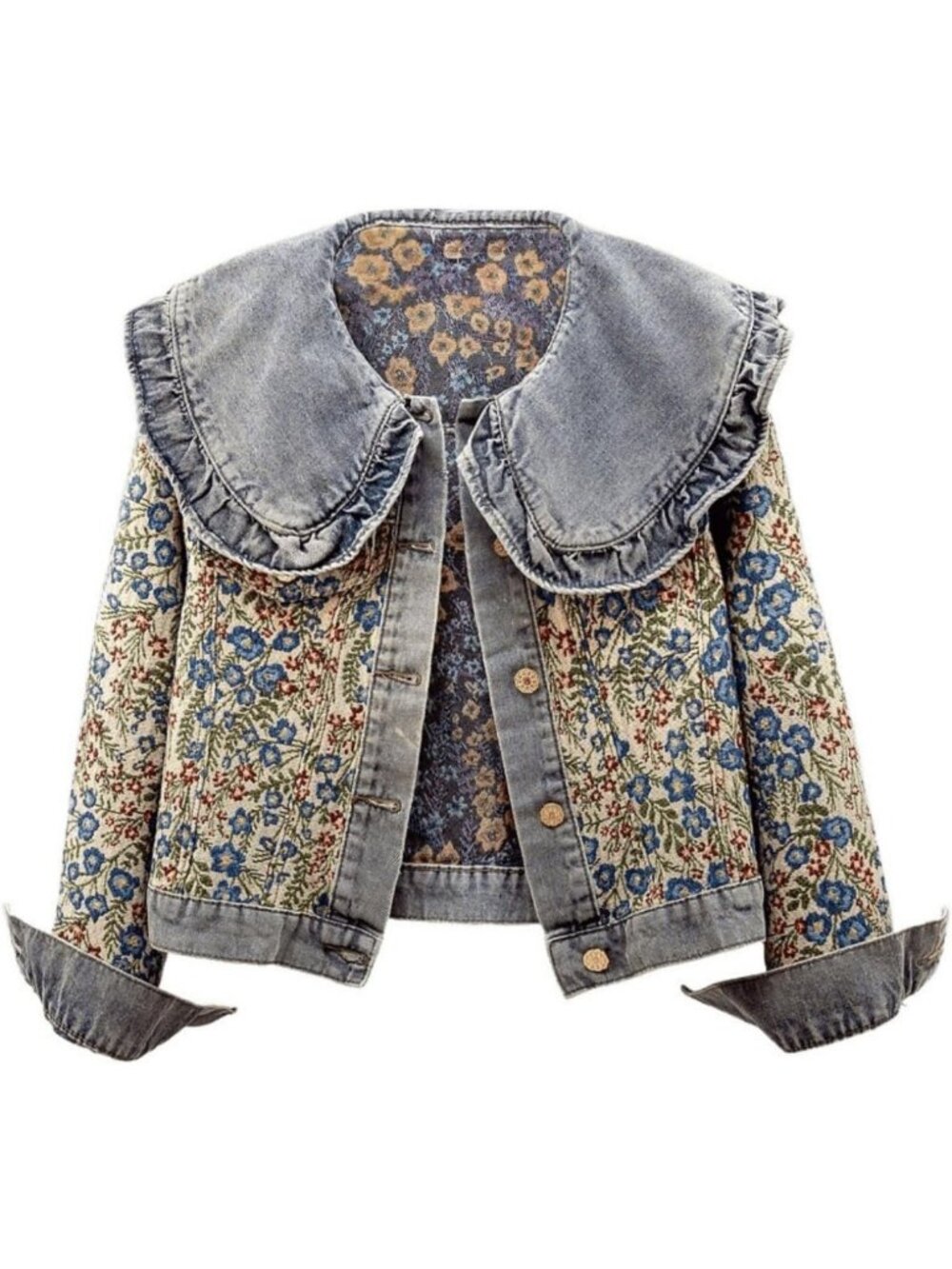 Trendy Long Sleeve Jacquard Denim Jacket with Floral Embroidery for Women